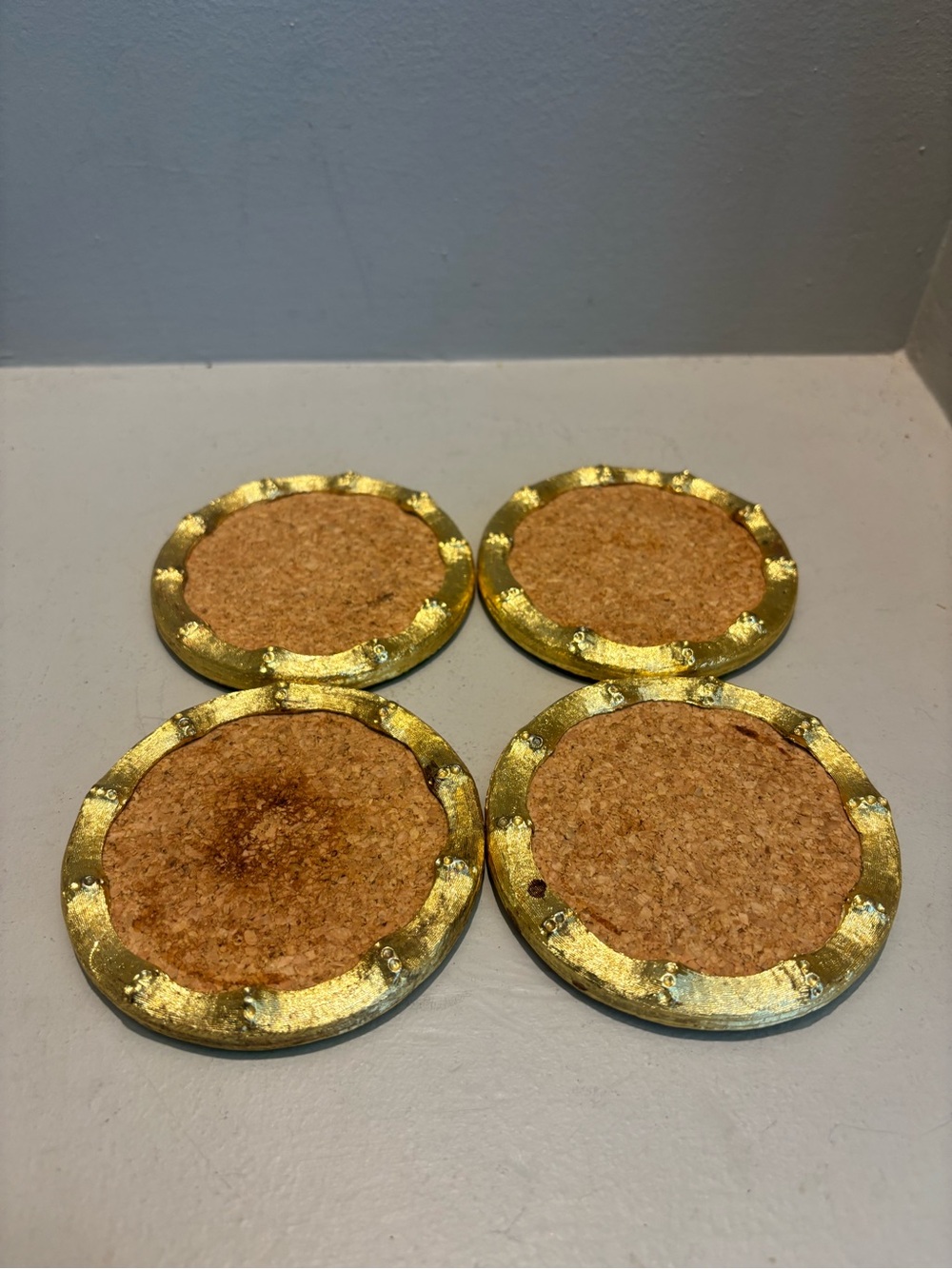 Vintage Mid 20th Century Hollywood Regency Gold Gilt Metal Bamboo Coasters Cork